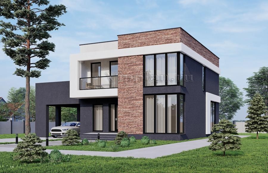 Двухэтажный дом с навесом для машины, балконом и большой эксплуатируемой террасой