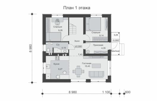 Одноэтажный дом с мансардой, просторной гостиной и шестью спальнями